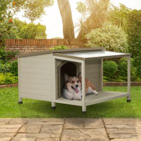 Outdoor fir wood dog house with an open roof ideal for small to medium dogs. Dog house with large terrace with clear roof.Weatherproof asphalt roof an