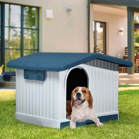 Dextrus Large Plastic Dog House with Liftable Roof, Indoor Outdoor Doghouse Puppy Shelter with Detachable Base and Adjustable Bar Window
