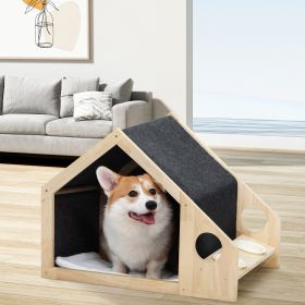 2-In-1 Wood Dog House Indoor;  Cabin Dog Kennel with Cushioned Bed;  Cover Scratcher;  Feeding Bowls;  Pet Habitat for Cats;  Small and Medium Dogs;