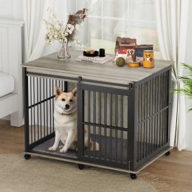 Furniture dog crate sliding iron door dog crate with mat. (Rustic Brown,43.7''W x 30''D x 33.7''H). (Color: Grey)